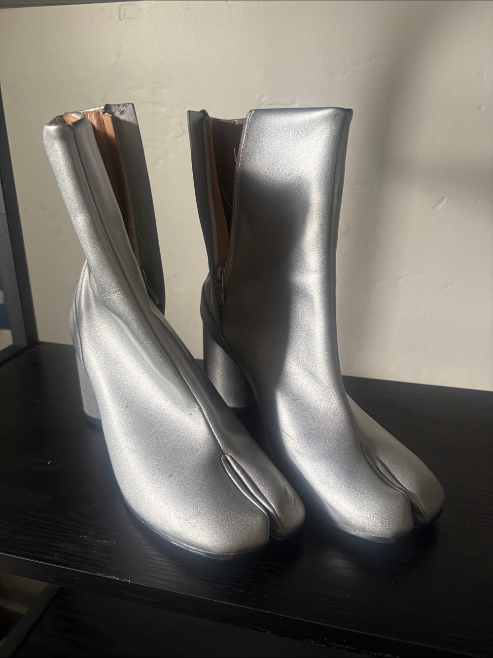 Metallic Silver Split-Toe Ankle Boots with Mid Heel